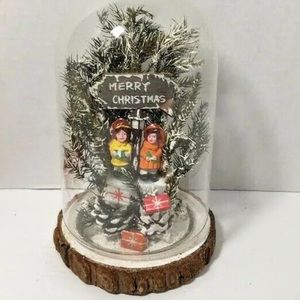 Christmas Cloche Caroling Carolers Scene Snowy Trees Faux Wood Base